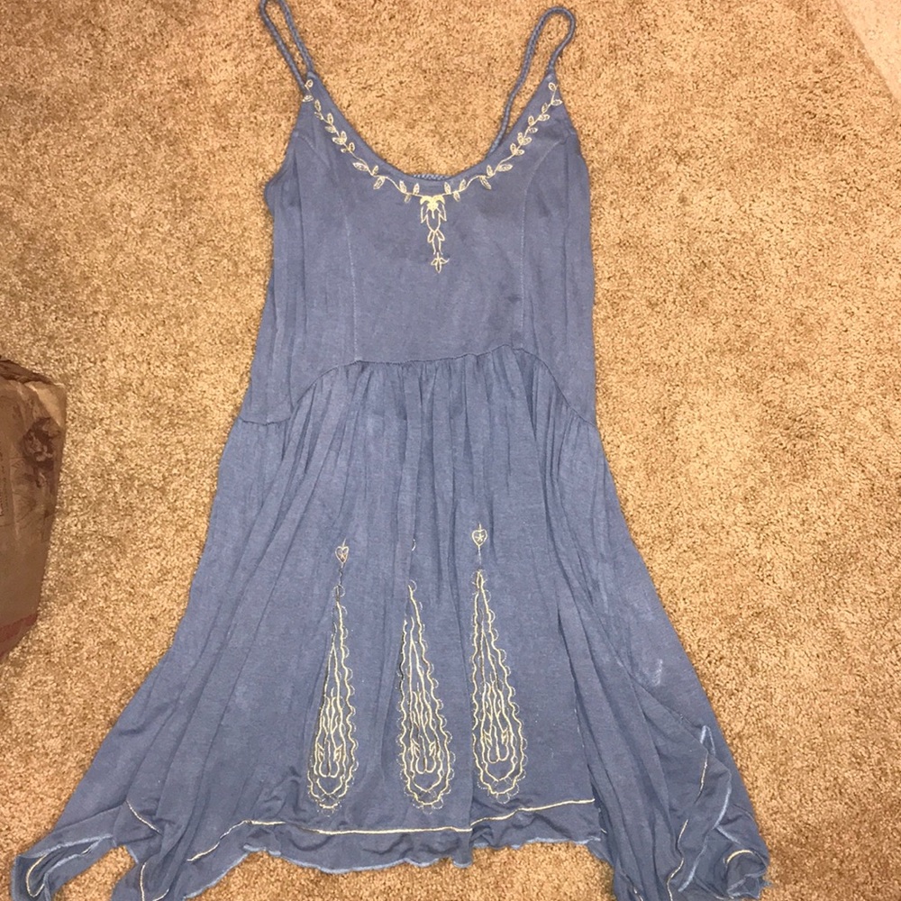 Gold embroidery on periwinkle spaghetti dress